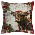 Funda de cojín navideña de lino rústico con vaca de las tierras altas y estampado a cuadros - Vaca de las Tierras Altas con Guirnalda (YM2508111-1) / 45x45cm (Sin Relleno)