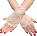 Elegante cremefarbene Blumen-Spitzenhandschuhe fingerlos für Hochzeiten und Abendgarderobe - Einheitsgröße / Gebrochenes Weiß