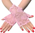 Elegante pinkfarbene spitzenlose Brauthandschuhe mit zartem Rosenblütenmuster-Design - Einheitsgröße / Rosa
