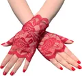 Elegante rote fingerlose Spitzenhandschuhe mit zartem Blumenmuster-Design. - Einheitsgröße / Burgunderrot