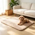 Premium soft beige quilted plush pet mat for dogs in a sunny cozy living room - Size S (50x35cm) / Khaki