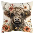 Artistic watercolor Highland cow cushion cover with floral print on linen texture - Highland Cow Illustration (YM250114-3) - Super Soft Style / 45x45cm (No Insert)
