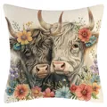 Artistic highland cow throw pillow case with floral prints for home sofa decoration - Highland Cow Illustration (YM250114-4) - Super Soft Style / 45x45cm (No Insert)