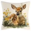 Rustic watercolor fawn and yellow wildflowers print linen cushion cover pillowcase - Linen Cover Only (YM251105-1) / 45x45cm