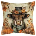 Funda de cojín otoñal con diseño de vaca Highland, sombrero y calabazas - Vaca de Highlands Estilo Cuatro / 45x45cm