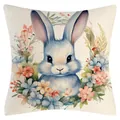 Easter bunny throw pillow cover with watercolor floral wreath printed on linen fabric - Gray Rabbit with Floral Wreath (YM250118-34) / 45x45cm