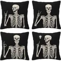 Set of 4 Halloween skeleton throw pillow covers in black and white rustic linen fabric. - Black And White Skeleton Gesture Series / 4 Pieces/Pack (45x45cm) / Black