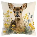 Watercolor fawn and yellow flower print square cushion cover for home and office decor - Linen Cover Only (YM251105-2) / 45x45cm