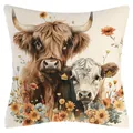 Decorative rustic Highland cow pillowcase featuring artistic cow illustration and floral pattern - Highland Cow Illustration (YM250114-1) - Super Soft Style / 45x45cm (No Insert)