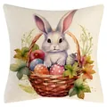 Osterhase im Korb Aquarell-Leinen-Kissenbezug mit bunten dekorativen Eiern für Sofa - Osterhasen-Stil (YM250118-18) / 45*45cm (Nur Bezug)