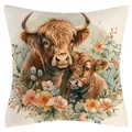 Funda de cojín de lino con estampado de acuarela de vaca de las Tierras Altas y flores - Ilustración de Vaca de las Tierras Altas (YM250114-6) - Estilo Súper Suave / 45x45cm (Sin Relleno)