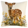 Linen throw pillow cover featuring a cute fawn standing in colorful wildflowers - Linen Cover Only (YM251105-4) / 45x45cm