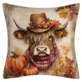 Highland cow autumn pillowcase with pumpkins and maple leaves print - Highland Cow Style Five / 45x45cm
