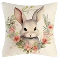 Easter linen pillowcase featuring a cute watercolor rabbit and floral wreath print. - White Rabbit with Pink Berry Wreath (YM250118-35) / 45x45cm