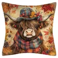 Cozy autumn highland cow linen throw pillow case cover decorated with maple leaves - Highland Cow Style Six / 45x45cm