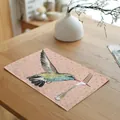 Detailed view of a watercolor hummingbird pattern on a pink polka dot linen placemat - 32x45cm / Pink Polka Dot Hummingbird (7003-14)