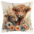 Funda de cojín decorativa de vaca de las Highlands con diseño de acuarela y flores - Ilustración de Vaca de las Tierras Altas (YM250114-8) - Estilo Súper Suave / 45x45cm (Sin Relleno)