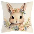 Watercolor rabbit with floral wreath print Easter throw pillow cover for home decor - Rabbit with Floral Crown and Artistic Flowers (YM250118-36) / 45x45cm