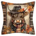 Autumn Highland cow throw pillow cover with plaid scarf rustic holiday home decor - Highland Cow Style Seven / 45x45cm