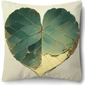 Modern decorative pillowcase featuring a green heart-shaped leaf with gold veins. - 45x45cm (No Insert) / Green Leaf Heart (YM251224-1)