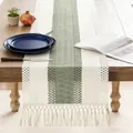 Boho style sage green and beige woven linen table runner with elegant tassels for dining room decor - 30x90cm / Green