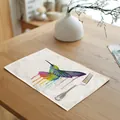 Detail shot showing the vibrant watercolor hummingbird print on a premium cotton linen placemat - 32x45cm / Gradient Hummingbird (7003-16)