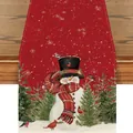Red Christmas table runner featuring festive snowman and pine tree pattern design - 33x92cm / Red Snowman Style