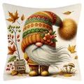 Autumn gnome linen throw pillow cover with printed Hello Fall text for sofa decor - Gnome Maple Berry (YM2504262--3) / 45x45cm