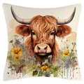 Funda de cojín artística de acuarela con vaca de las tierras altas - Ilustración de Vaca de las Tierras Altas (YM250114-9) - Estilo Súper Suave / 45x45cm (Sin Relleno)