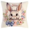 Easter rabbit print decorative cushion cover with floral wreath and blue bow watercolor design - Rabbit with Dark Blue Polka Dot Bow (YM250118-38) / 45x45cm