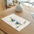 Macro detail of vibrant watercolor hummingbird print on high-quality linen dining placemat - 32x45cm / Antler Hummingbird (7003-18)
