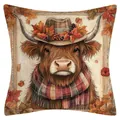Autumn highland cow pillow cover with rustic linen texture and plaid scarf print - Highland Cow Style Eight / 45x45cm