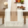 Boho style linen table runner with hollow crochet texture and tassels in cream and brown - 30x90cm / Brown