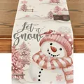 Pink Christmas table runner with snowman and Let it Snow print for winter home decor - 33x92cm / Pink Nordic Style
