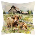 Funda de cojín de lino con diseño de vaca de las Highlands y ternero a la acuarela - Madre e Hijo Vaca de las Tierras Altas Campo de Flores (YM251103-4) - Estilo Súper Suave / 45x45cm (Sin Relleno)