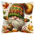 Autumn Thanksgiving gnome linen pillowcase with colorful knit hat and maple leaves print - Gnome with Pompom Hat (YM2504262--4) / 45x45cm