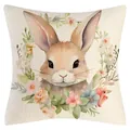 Decorative Easter cushion cover featuring a watercolor bunny and floral wreath print - Rabbit with Colorful Flower Wreath (YM250118-39) / 45x45cm