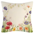 Spring watercolor floral throw pillow cover with linen texture for home sofa decor - 45x45cm / Beige Floral Style (YM250116-4)