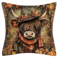 Rustic Highland cow wearing fall leaves and scarf linen pillowcase for home decor - Highland Cow Style Nine / 45x45cm