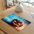Rectangular Halloween dining placemat with glowing pumpkin lantern print on wooden table - Style 10 (20001-10)