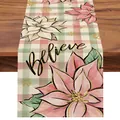 Pink and green plaid Christmas table runner with flowers and Believe text - 33x92cm / Pink and Green Plaid Believe Style