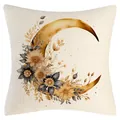 Elegant bohemian linen pillowcase featuring a watercolor golden crescent moon and floral design - Style 3 / 45x45CM No Pillow Core