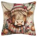 Funda de cojín navideño de vaca de las Highlands con bufanda y gorro de invierno festivo - Estilo Estampado Vaca de las Highlands 2 (YM250618--18) / Lino Sin Núcleo