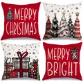 Juego de 4 fundas de cojín navideñas con estampados festivos y textura de lino suave - 45*45cm (Cojín no incluido) / Estilo Árbol De Navidad Y Copo De Nieve (YM250617--1) / Estilo Festivo Rojo Y Blanco