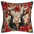 Funda de cojín navideño de lino con estampado de vaca escocesa y flor de pascua - Estilo Estampado Vaca de las Highlands 3 (YM250618--19) / Lino Sin Núcleo