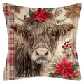 Funda de cojín de lino navideña con estampado de vaca de las tierras altas para sofá - Estilo Estampado Vaca de las Highlands 4 (YM250618--20) / Lino Sin Núcleo
