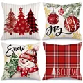Juego de 4 fundas de cojín navideñas con muñeco de nieve y cuadros para el sofá - 45*45cm (Cojín no incluido) / Estilo Muñeco De Nieve Y Árbol De Cuadros (YM250617--2) / Cuadros Rojos y Negros