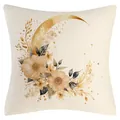 Ethnic linen cushion cover featuring elegant golden crescent moon and watercolor floral print - Style 5 / 45x45CM No Pillow Core