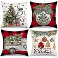 Juego de 4 fundas de cojín navideñas festivas en lino con diseños de árboles y truck - 45*45cm (Cojín no incluido) / Estilo Camión De Navidad Y Bola De Adorno (YM250617--3) / Estilo Camión Vintage