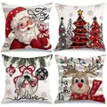 Juego de 4 fundas de cojín navideñas de lino con estampados de Papá Noel y renos. - 45*45cm (Cojín no incluido) / Estilo Papá Noel Y Reno (YM250617--4) / Estilo Personajes Lindos